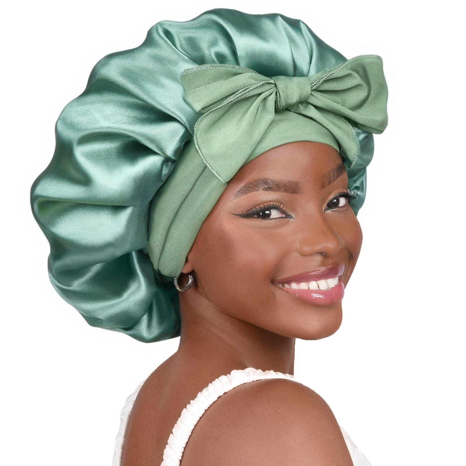 Pure color synthetic silk nightcap with ribbons