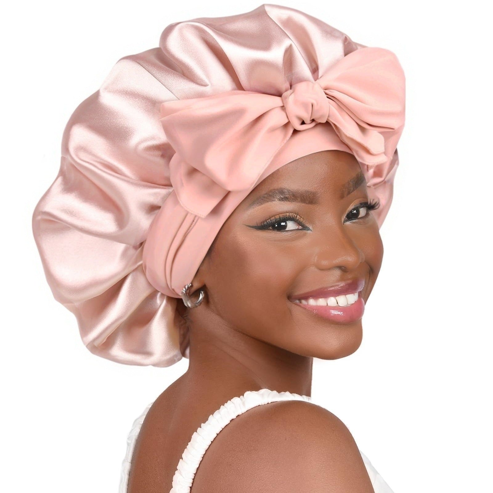 Pure color synthetic silk nightcap with ribbons