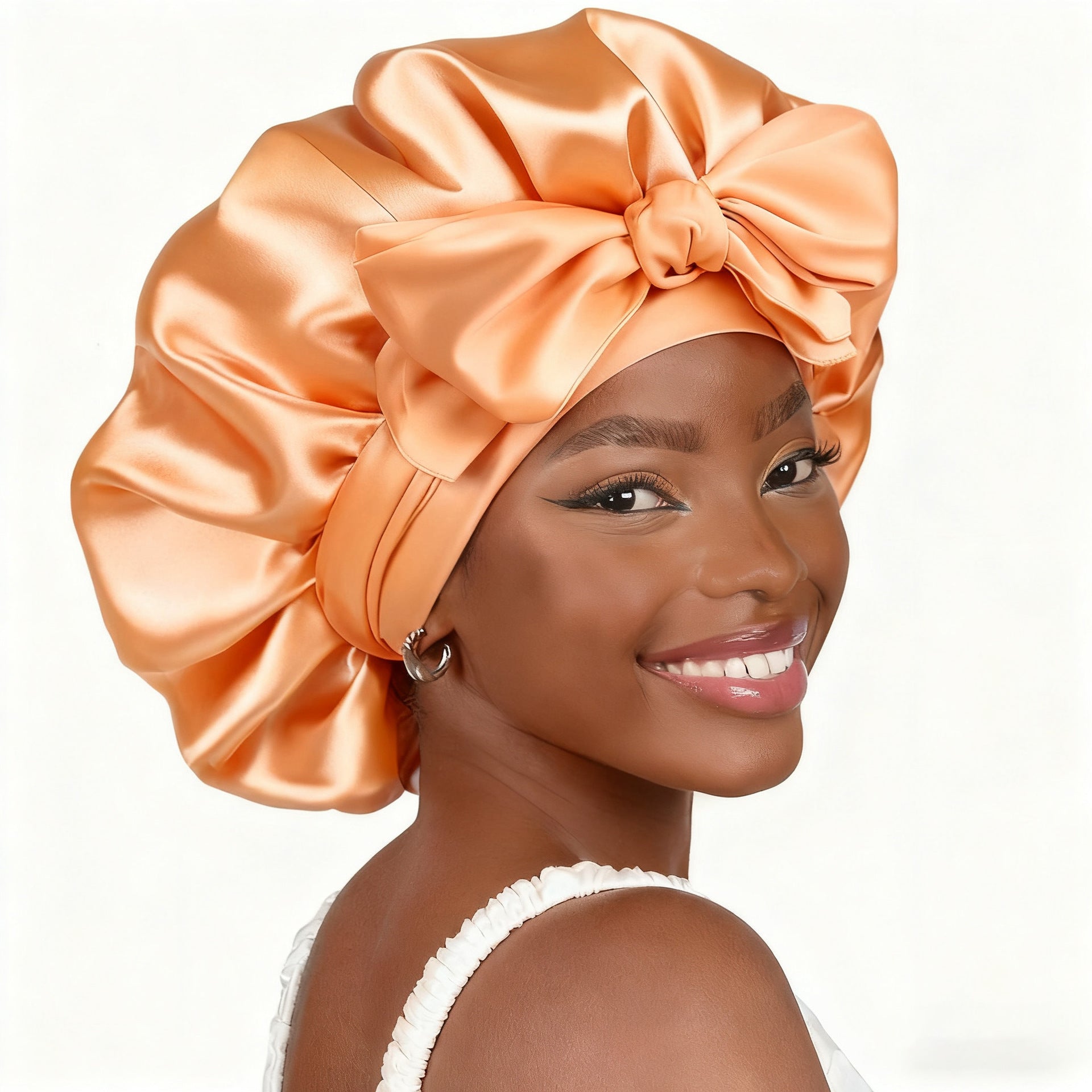 Pure color synthetic silk nightcap with ribbons