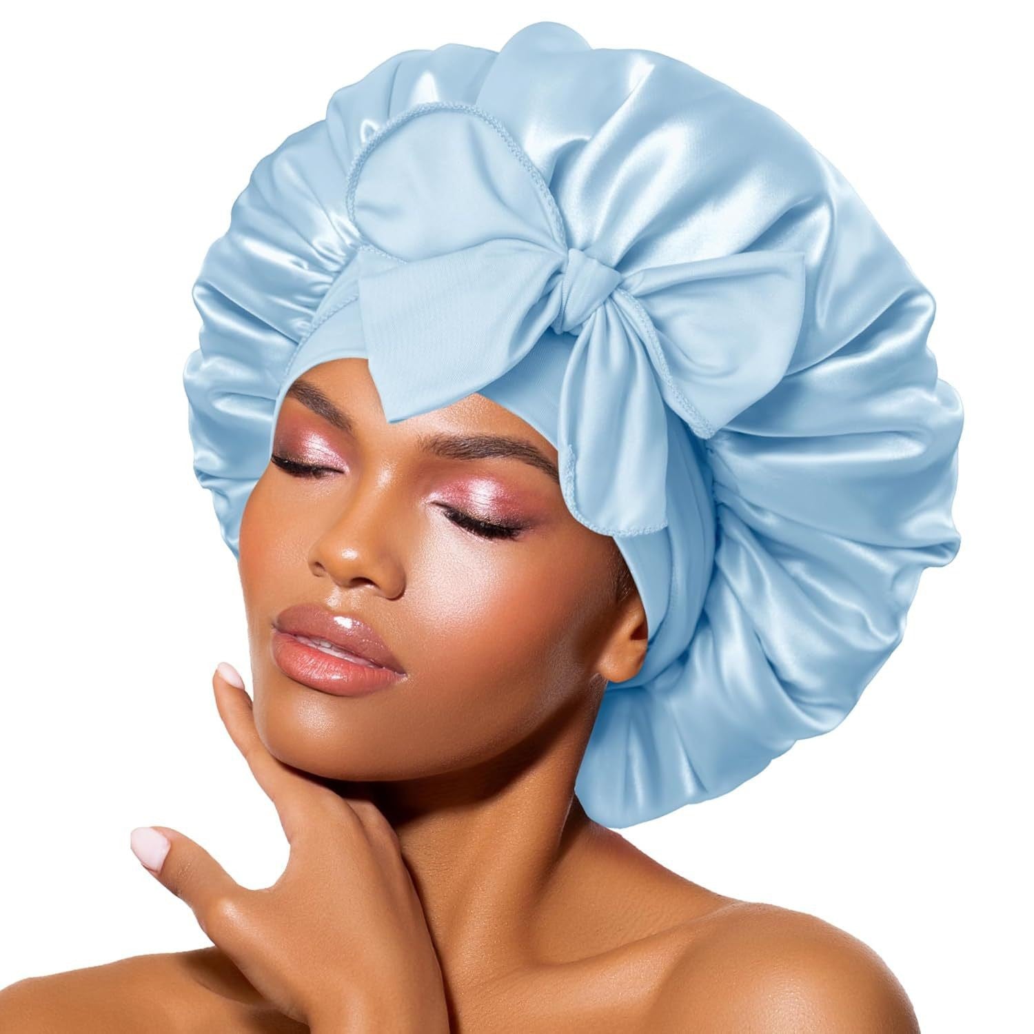 Pure color synthetic silk nightcap with ribbons