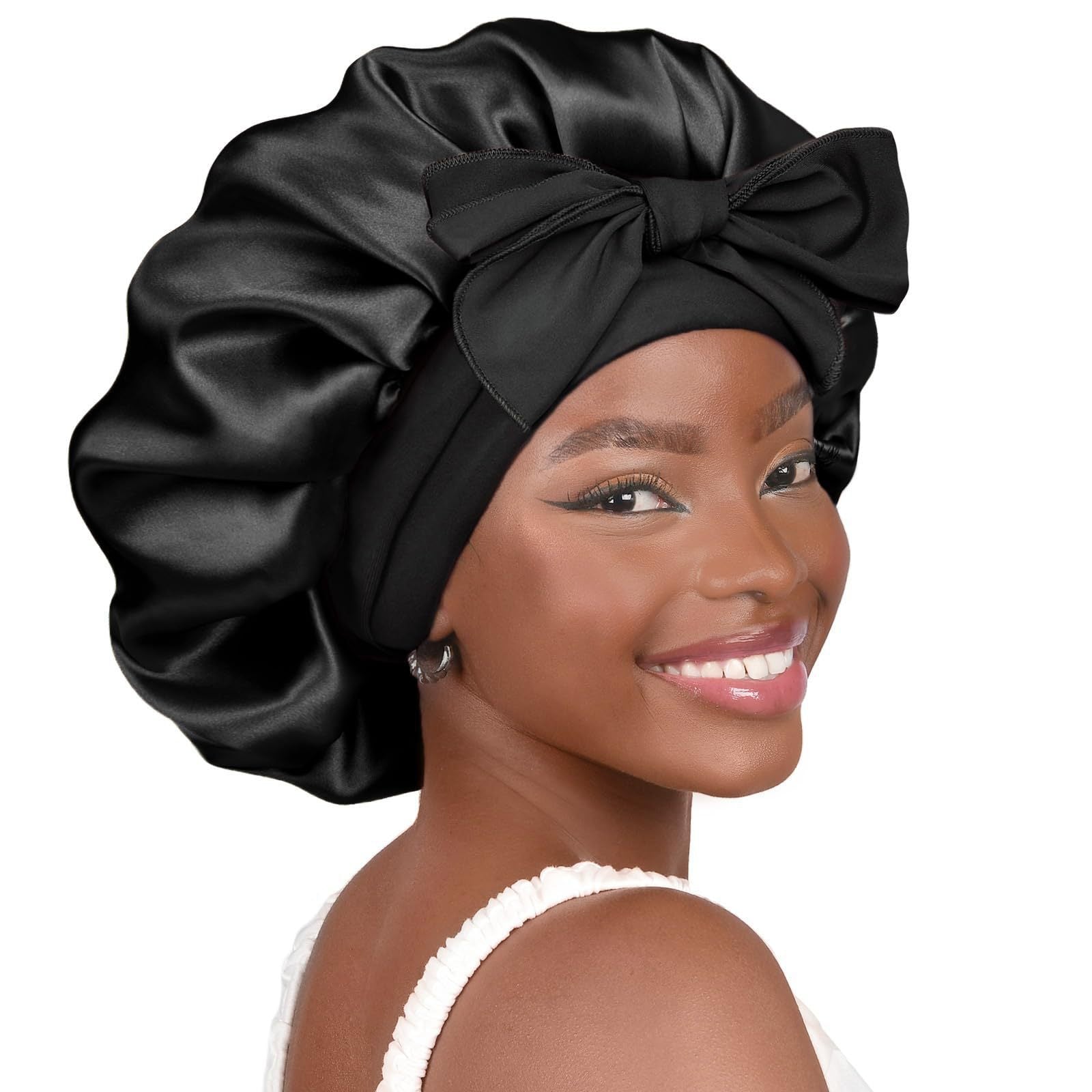 Pure color synthetic silk nightcap with ribbons