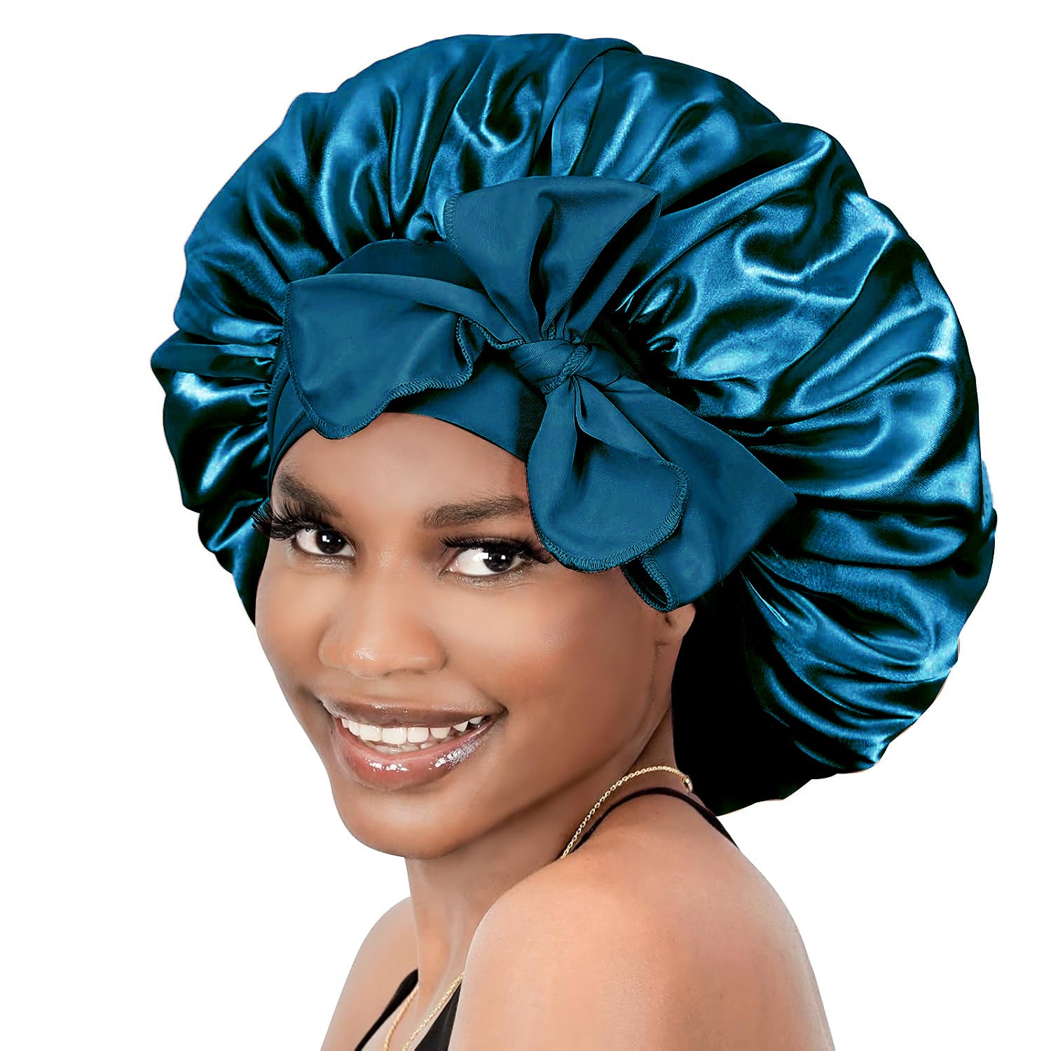 Pure color synthetic silk nightcap with ribbons