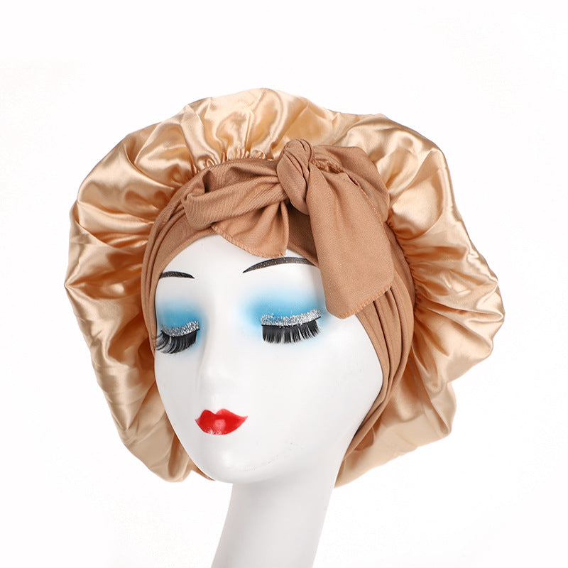 Pure color synthetic silk nightcap with ribbons