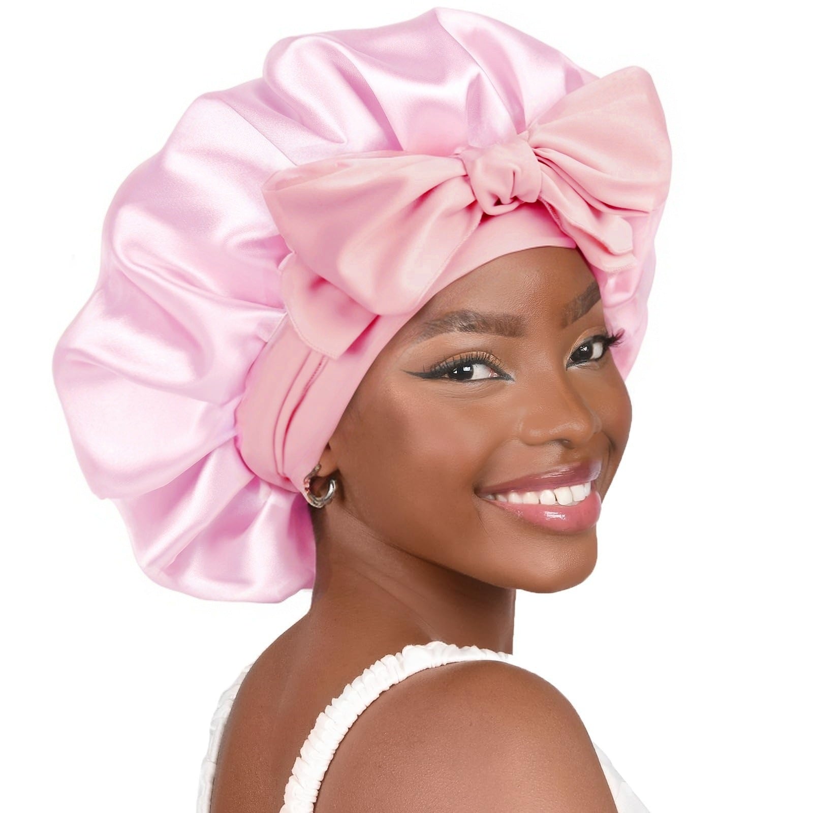 Pure color synthetic silk nightcap with ribbons