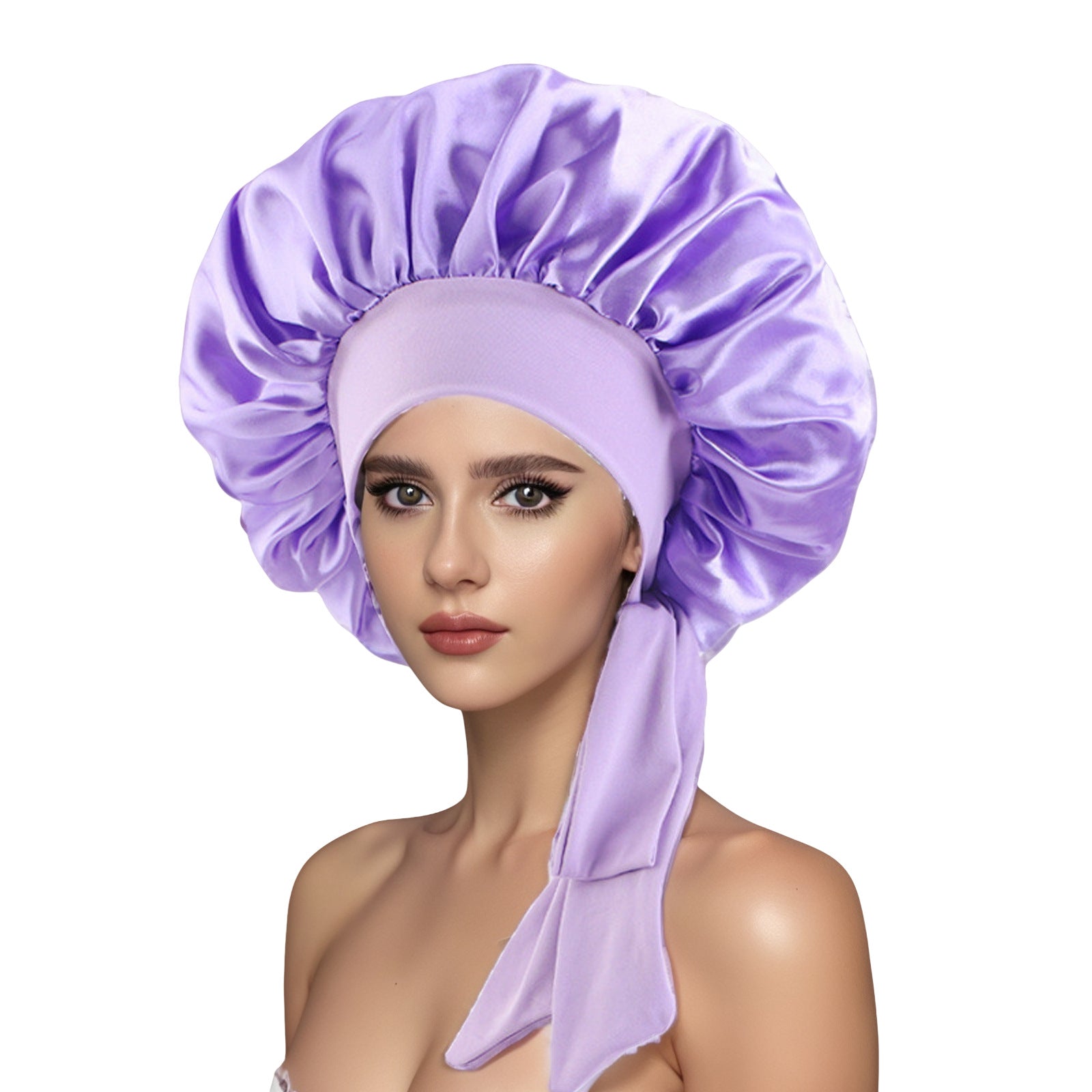 Pure color synthetic silk nightcap with ribbons