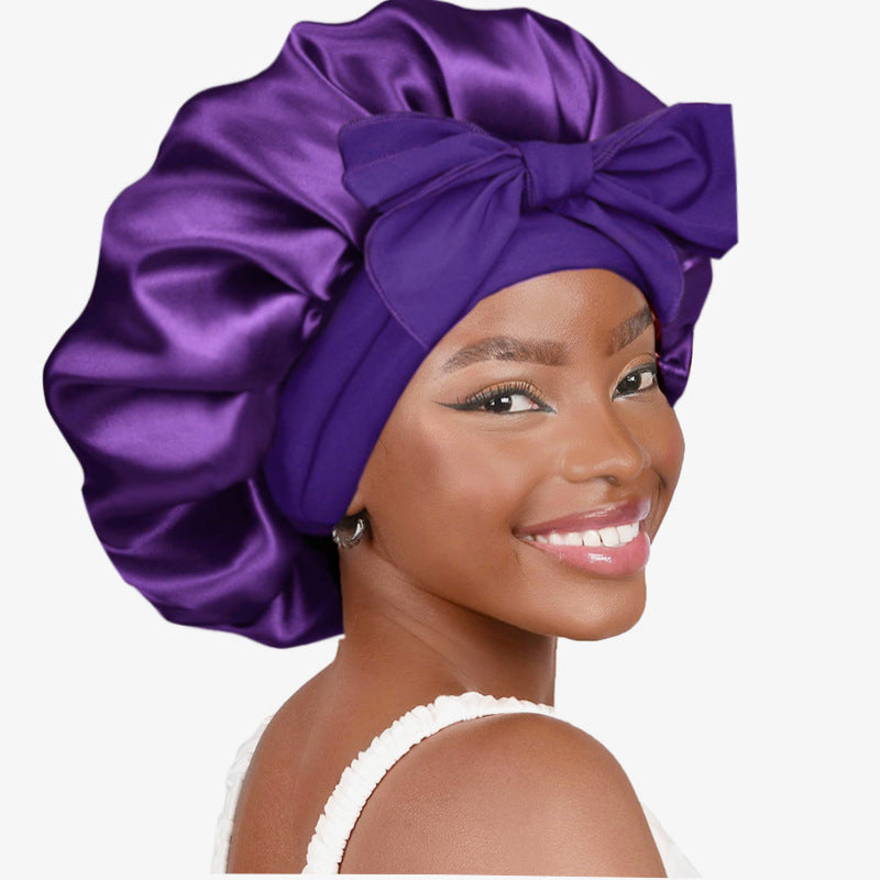 Pure color synthetic silk nightcap with ribbons