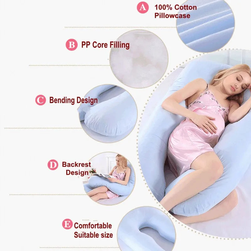Soft and ergonomic body pillow that helps expectant mothers maintain a comfortable side-sleeping position throughout pregnancy.