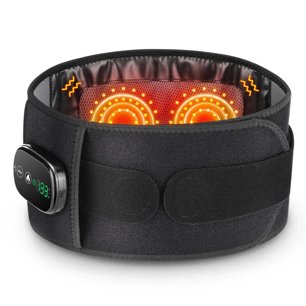 Heating vibration waist massager belt designed to relax tight lower-back muscles, relieve soreness, and provide support for daily lumbar pain relief and posture correction.