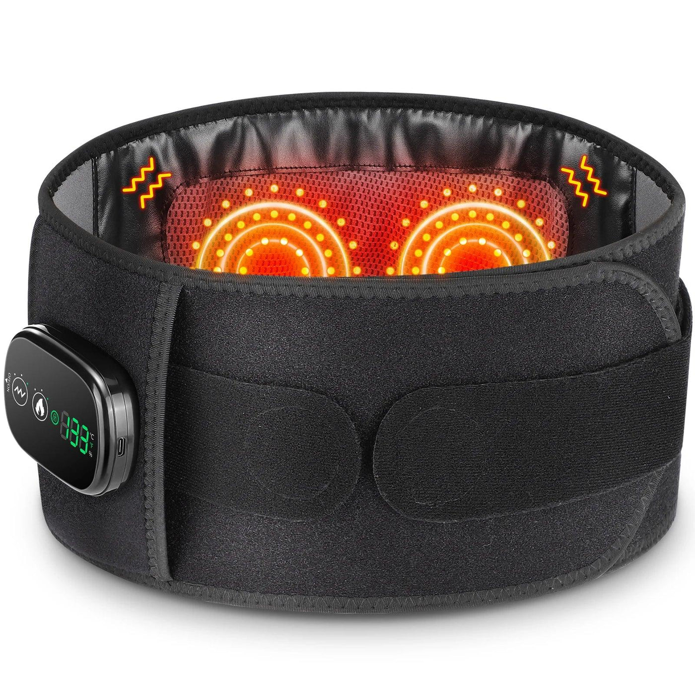 Black heated massage belt with LED display and glowing red heating elements
