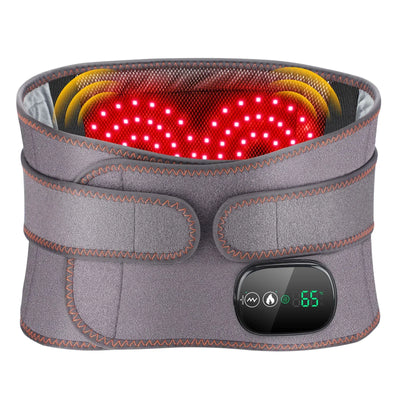Gray heated back brace with red LED lights, digital control display, and adjustable straps