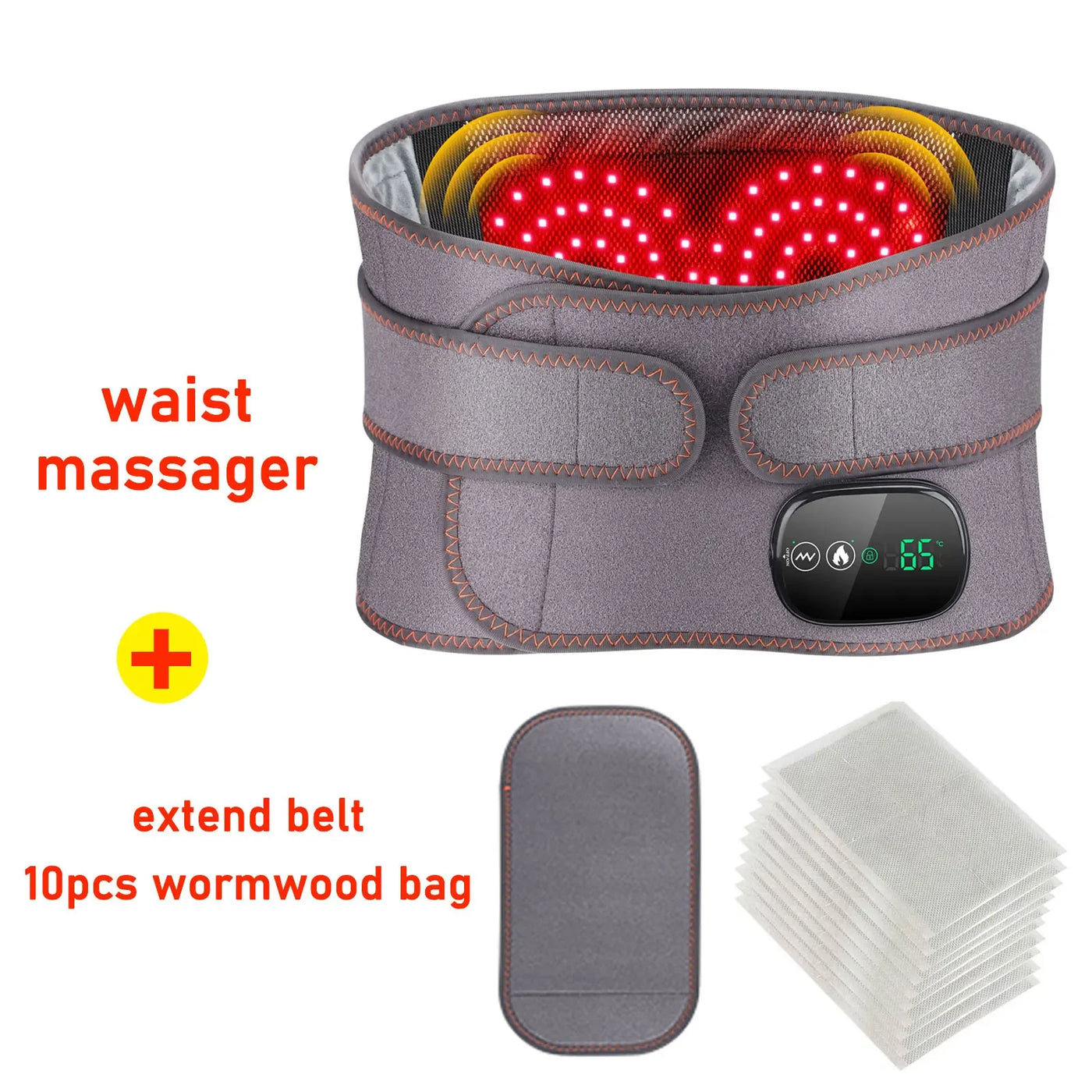 Gray waist massager with LED display, extension belt, and 10 wormwood bags set