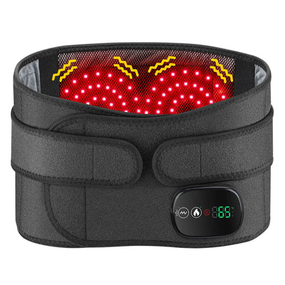 Black heated waist belt with red LED therapy lights and digital temperature display