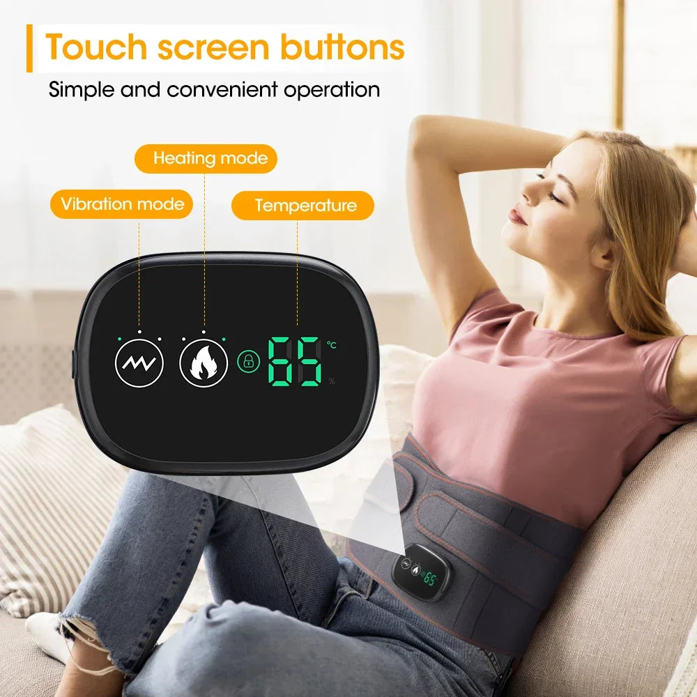 Woman using a heated vibration waist belt massager with touch screen temperature display