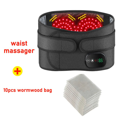 Waist massager with digital display and heating, plus 10 wormwood bags, on white background