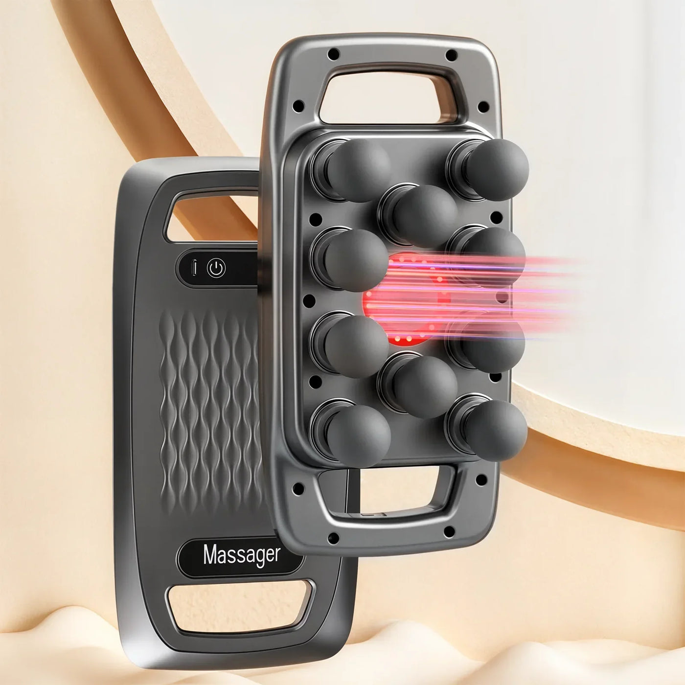 Deep-tissue muscle massage gun with 10 interchangeable massage heads designed to target back, shoulders, legs, arms, and full-body muscle recovery.