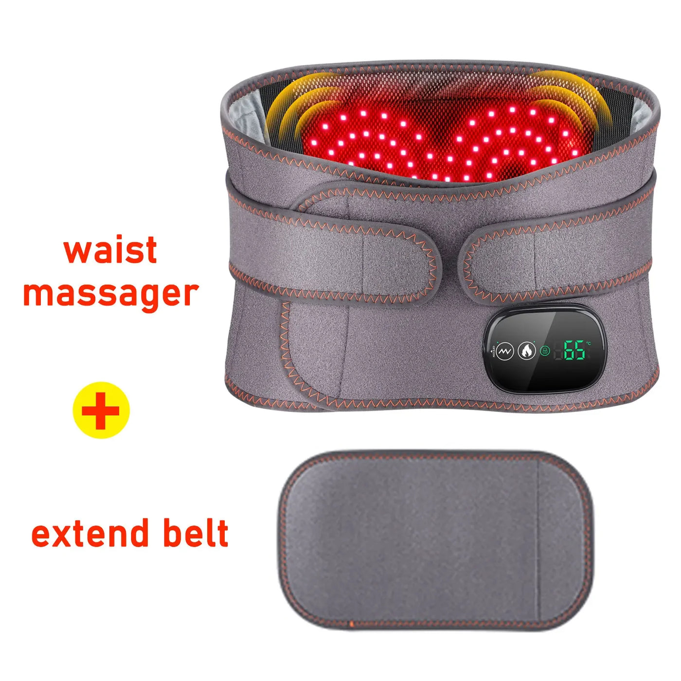 Gray waist massager with LED display and extend belt for back pain relief