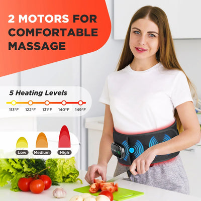 Rechargeable heating waist belt with deep-tissue vibration function, crafted for premium comfort and lower back muscle recovery, reducing fatigue and enhancing flexibility during the winter season.