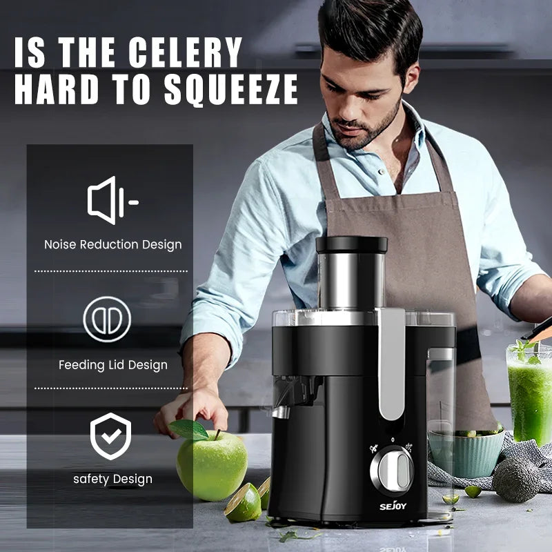 Durable and easy-to-clean juicer with wide feed chute, stainless steel cutting blades, and powerful motor for consistent juicing performance.