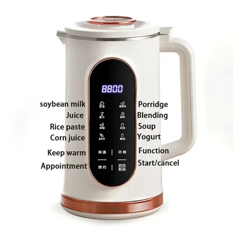 Multifunctional soybean milk maker with LED display and labeled control panel for various drinks.