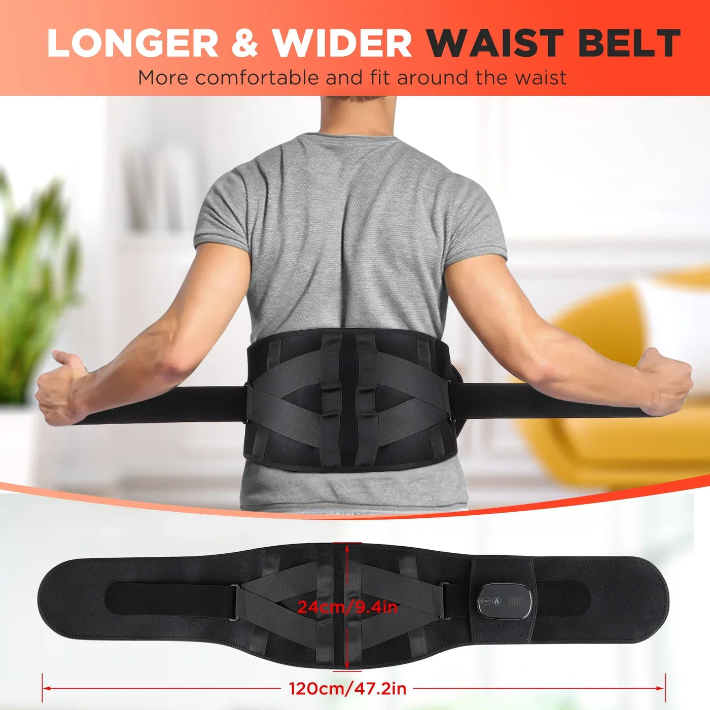 Man wearing adjustable black waist belt for back support, measuring 120cm by 24cm.
