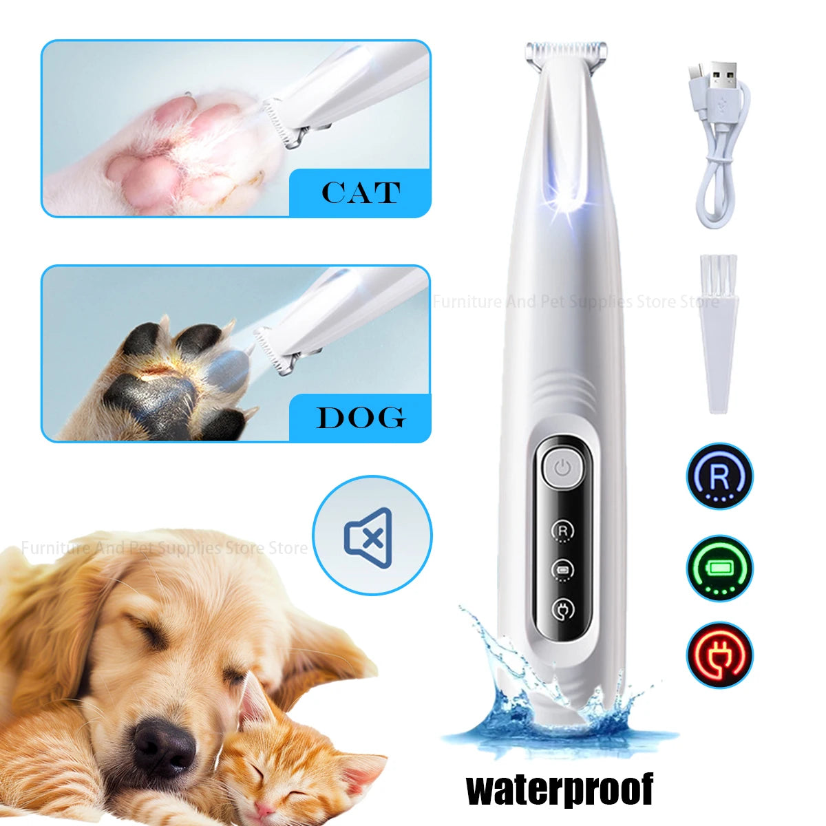 Dog paw trimmer with LED light for precise grooming