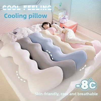 Ice silk cooling full body pillow designed for women to provide breathable summer comfort while sleeping or relaxing on the bed or couch.