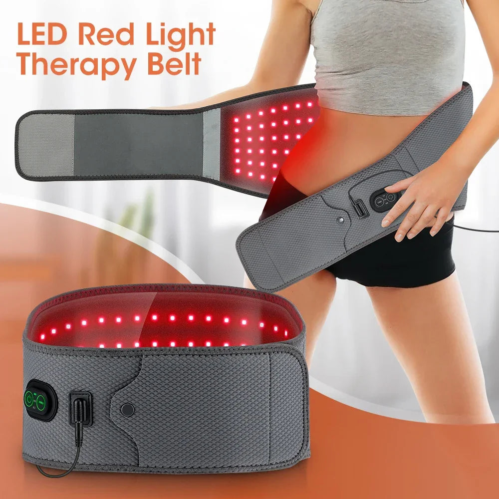 Heating waist support belt with infrared hot compress therapy designed to provide relief from lower back pain, stiffness, and lumbar muscle fatigue.