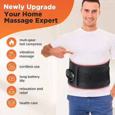 Adjustable lumbar support brace that wraps comfortably around the waist, offering gentle compression and vibration massage for back wellness and spine alignment.