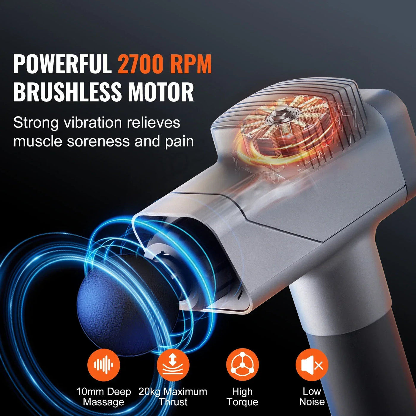 Portable muscle massager with 6 interchangeable massage heads for targeting various muscle groups, including back, legs, arms, and shoulders.