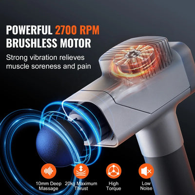 Portable muscle massager with 6 interchangeable massage heads for targeting various muscle groups, including back, legs, arms, and shoulders.