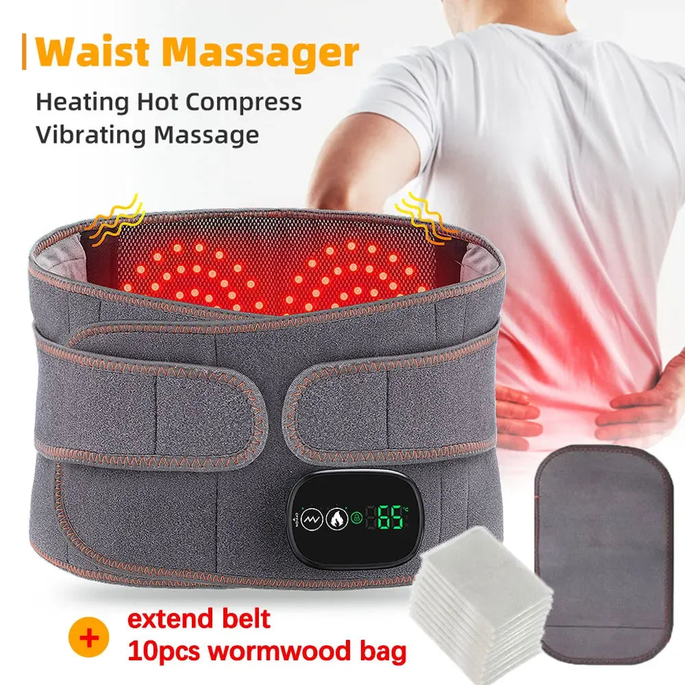 Electric waist massager belt with built-in vibration and 3-level hot compress settings designed to relieve lower back pain, muscle stiffness, and lumbar tension.