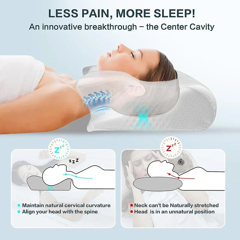 Pressure-relief memory foam pillow for spine support