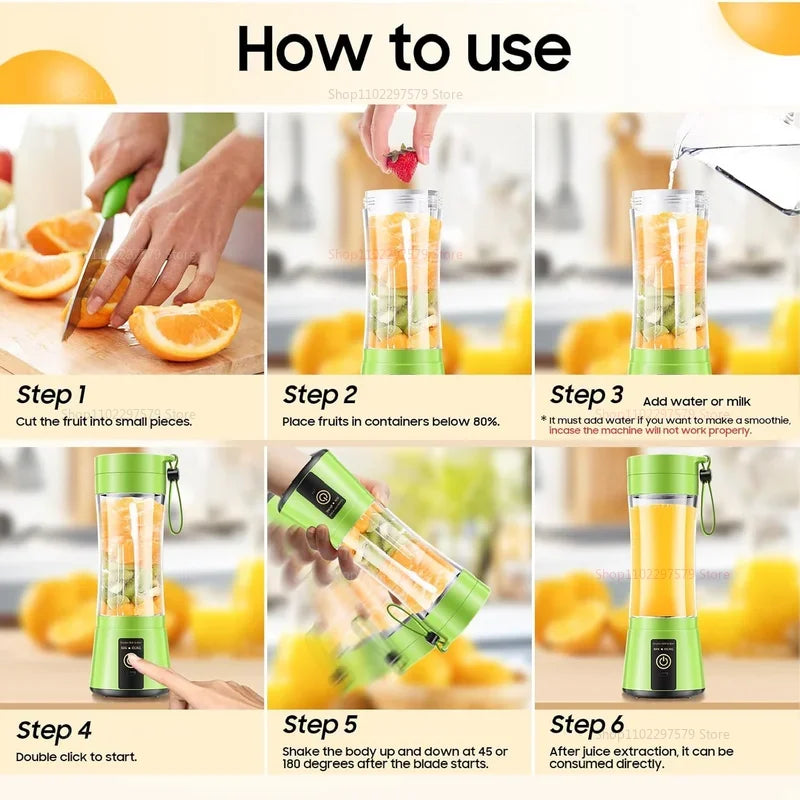 Step-by-step guide to using a portable green blender with fresh fruit and juice preparation.
