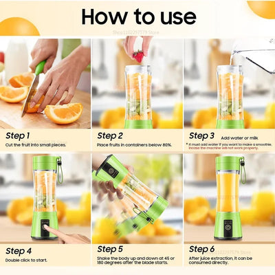 Step-by-step guide to using a portable green blender with fresh fruit and juice preparation.