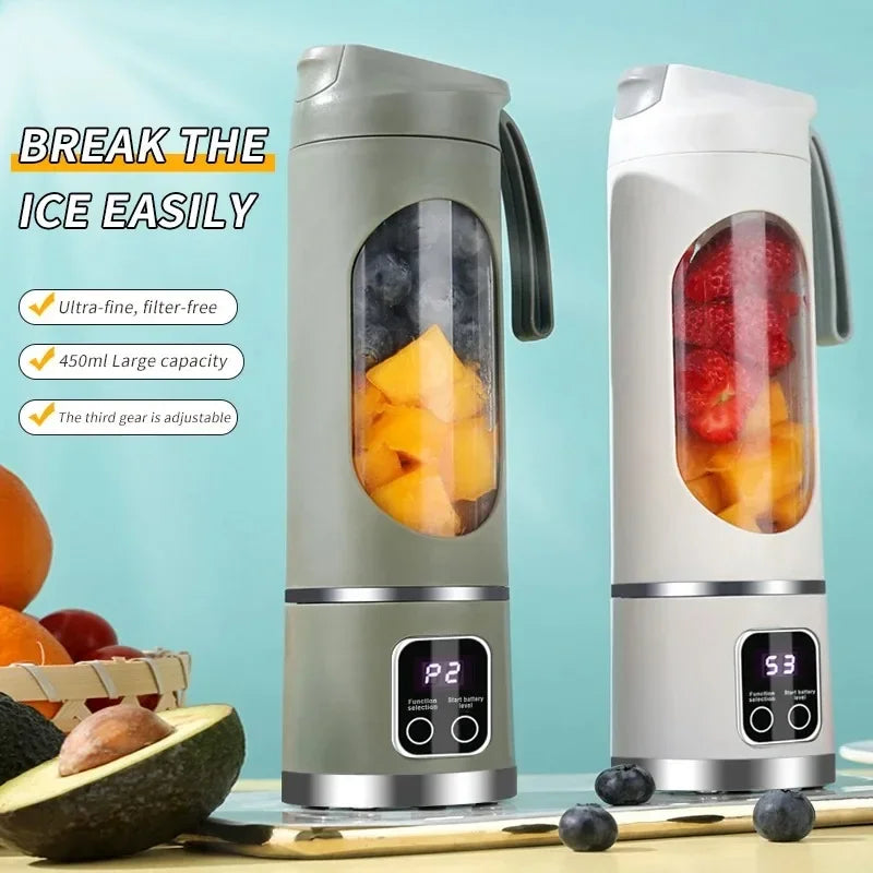 Portable 450 mL electric juicer with strong crushed-ice blending capability, ideal for fresh smoothies, juices, and shakes at home, gym, office, or travel.