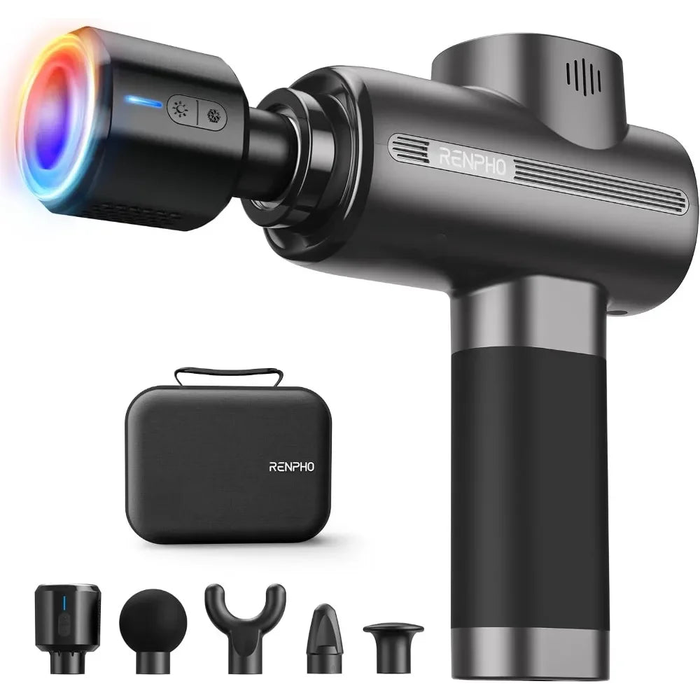 Deep tissue RENPHO massage gun with interchangeable hot and cold therapy heads, designed to relieve muscle tension, soreness, and stiffness across the body.