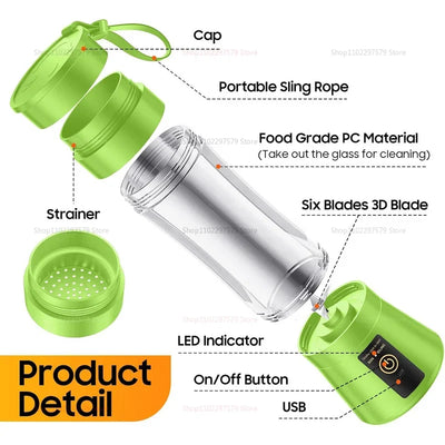 Green portable blender parts labeled, including cap, strainer, USB base, and six 3D blades.