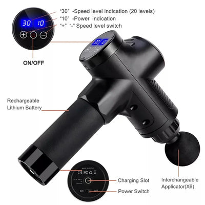 Low-noise cordless massage gun with multiple speed modes for customizable massage pressure and comfortable daily muscle care.