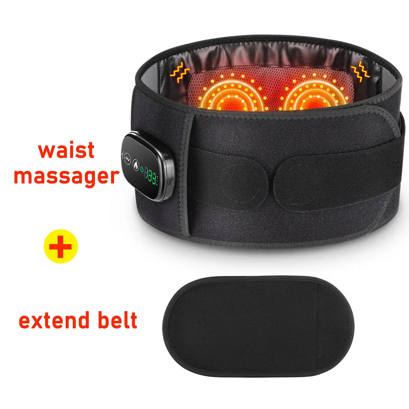 Black waist massager with digital display and extend belt, heating and vibration features.