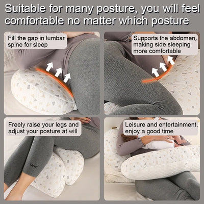 Full-body maternity support pillow designed to improve sleeping posture and reduce pressure on lower back and pelvic area.