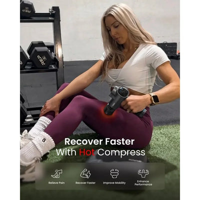 Portable cordless massage gun with ergonomic grip and low-noise motor, suitable for gym recovery, home relaxation, and professional physical therapy.