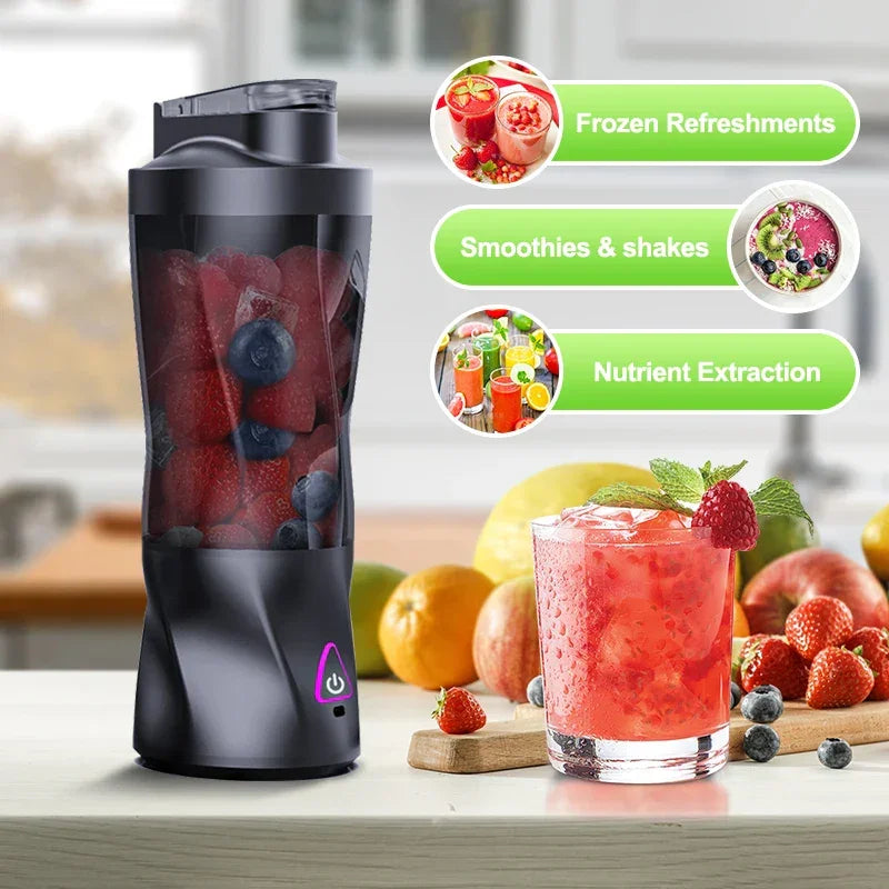 USB rechargeable travel blender cup with built-in battery, convenient for outdoor activities, gym workouts, office use, and daily commuting.
