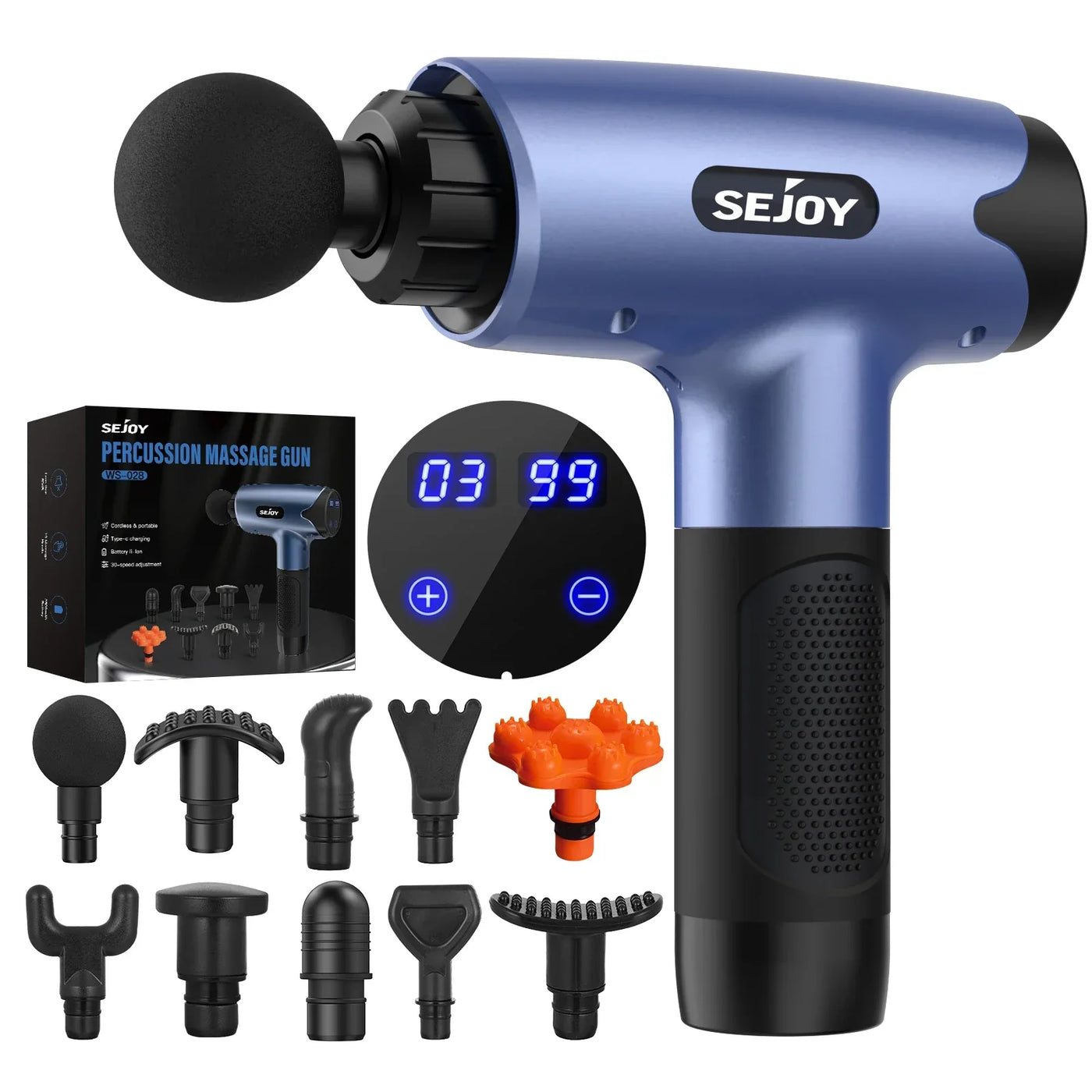 SEJOY WS-028 deep tissue fascia massage gun with 30 adjustable speed settings for customized muscle relief, ideal for recovery after workouts and daily stress relief.