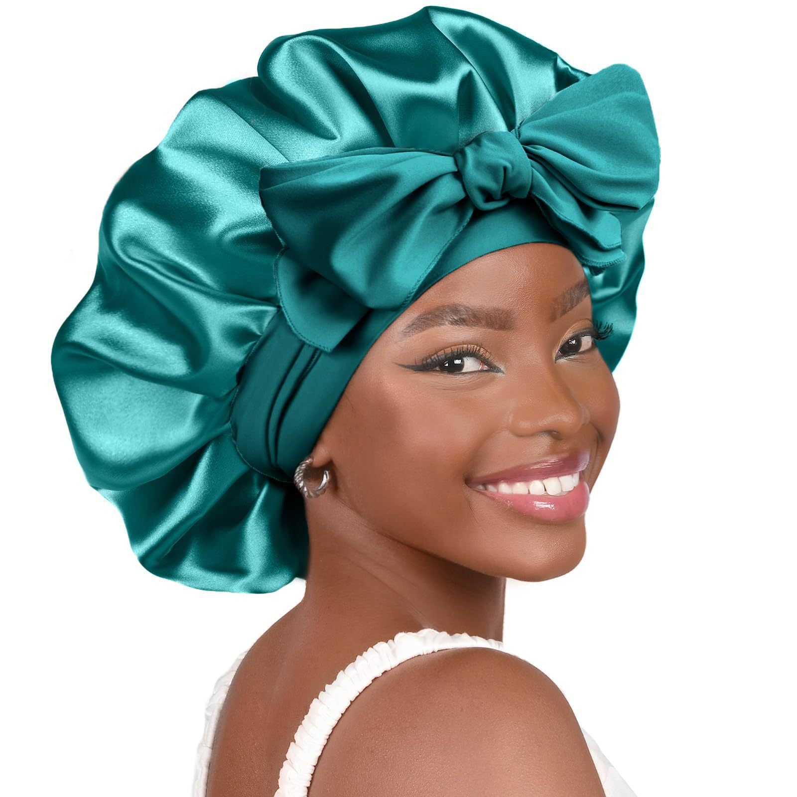 Pure color synthetic silk nightcap with ribbons