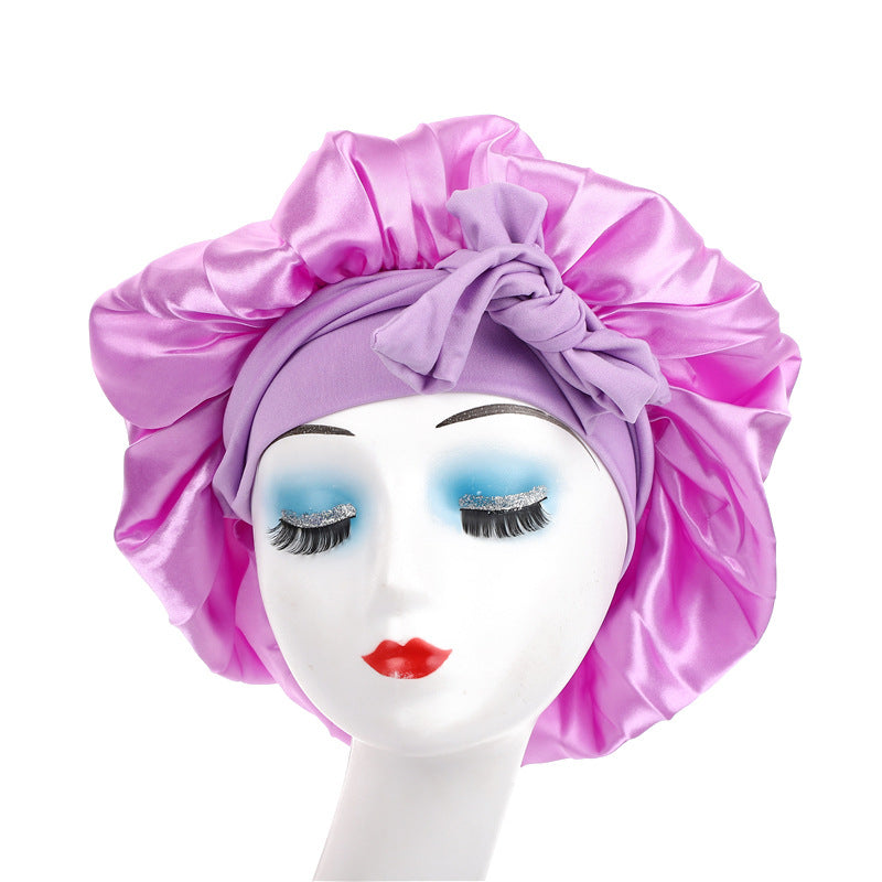 Pure color synthetic silk nightcap with ribbons