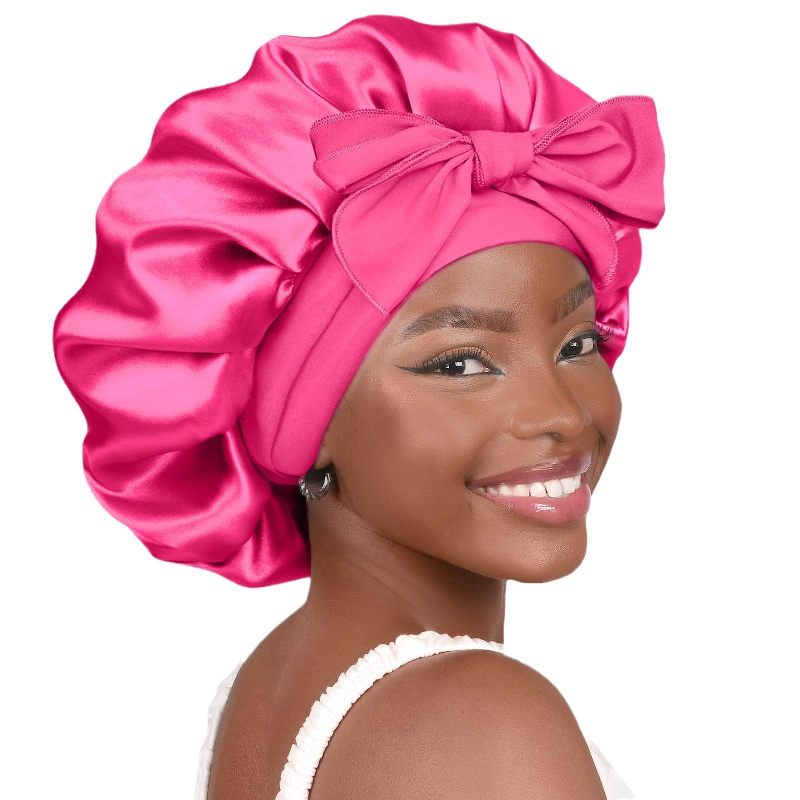 Pure color synthetic silk nightcap with ribbons