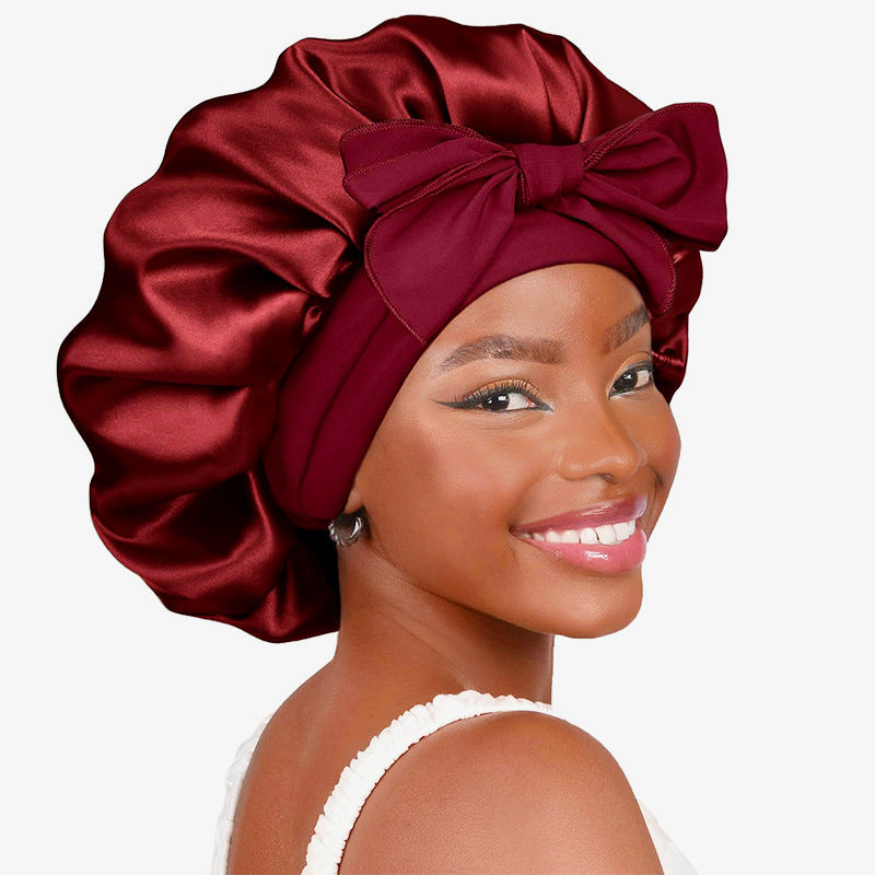 Pure color synthetic silk nightcap with ribbons