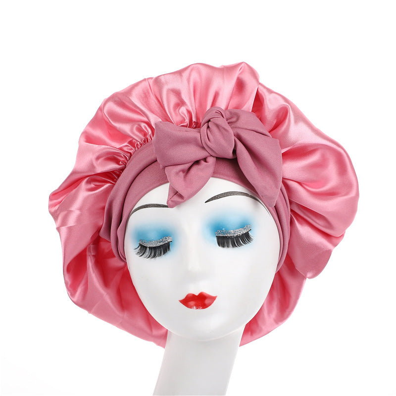 Pure color synthetic silk nightcap with ribbons